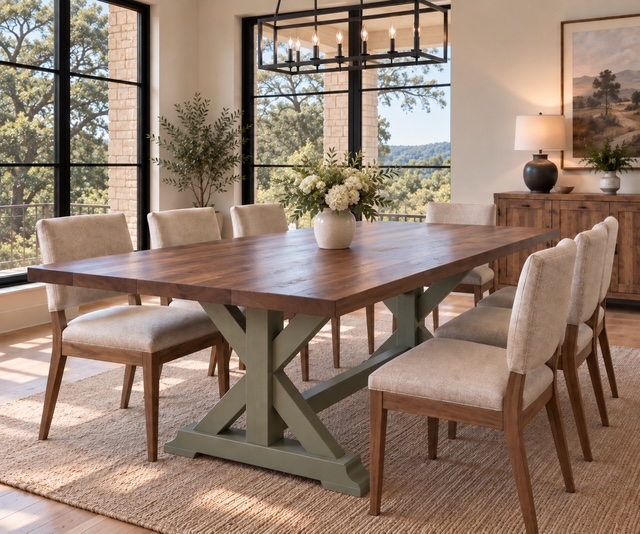 The Brazos dining table in a warm Central Texas interior